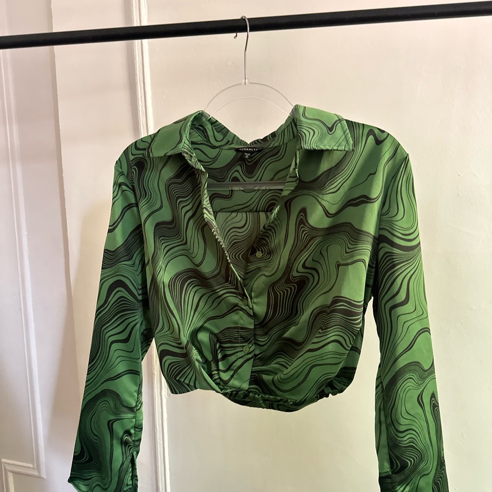 Dynamite Green Wrap Crop Blouse